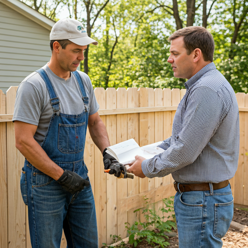 Professional contractor discussing fence plans with homeowner